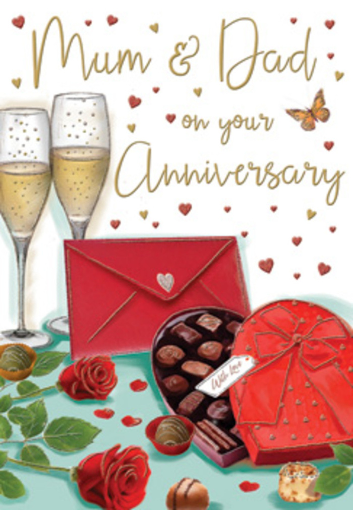 This beautifully composed anniversary card illustration feels like a snapshot of a lovingly prepared celebration in a Surrey sitting room, perhaps looking out toward the trees and open spaces that characterise the county. At the focal point are two plush red roses, relaxed and natural as they lie side by side. Each petal is drawn with careful attention, curling gently outward in layers of rich crimson, while deep green leaves surround them in a soft fan that suggests freshness and care, as if chosen from a local florist's early-morning delivery. Just beyond the roses rests an open heart-shaped box of chocolates, rendered in a deep red that echoes the flowers. A broad satin ribbon wraps around the box, tied into a full, impressive bow whose loops and tails spill gracefully over the lid, catching the warm light with a smooth sheen. Within, small chocolates nestle in neat compartments, their rounded, glossy surfaces hinting at a mix of flavours to be savoured slowly. Standing slightly behind, two tall champagne flutes rise in unison, filled with golden champagne fizzing with delicate bubbles. The clear glass captures subtle reflections, giving the scene a sense of gentle movement, like the quiet clink of glasses before a toast. Sprinkled throughout the background, tiny gold and crimson hearts float and swirl, surrounding the hand-lettered Mum & Dad inscription in a haze of celebratory colour. A scarlet envelope, tidily placed in the foreground, suggests a heartfelt note has been written in familiar handwriting. The card is bathed in warm, ambient light, evoking the calm, intimate glow of an anniversary evening at home somewhere in Surrey, where the scent of roses, the taste of chocolate, and the sparkle of champagne combine to honour years of shared memories.