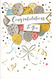 The image captures a beautifully illustrated congratulations card, crafted with the same care and balance you might find in a hand-tied bouquet delivered across Surrey's villages and towns. At the centre, a lively bouquet of balloons is drawn as a soft, rounded cluster that seems to float upward. The balloons glow in complementary metallic shades of gold, silver, champagne, dusky pink, calm sky blue, and quiet grey, each one patterned differently with glittery stars, fine stripes, or dustings of tiny specks that sparkle as if they're catching warm afternoon light. From their bases trail slender ribbons in gold and silver that twist and curl in loose spirals, adding a sense of graceful movement. Threading through this cluster, an elegant banner stretches across with a gentle curve, showcasing the text Congratulations To You in a sophisticated, handwritten-style script that conveys warmth and sincerity. Around the balloons and banner, a pale background is gently animated with scattered metallic stars, playful curls of ribbon, and small confetti-like dots, creating an airy, celebratory atmosphere without overshadowing the main design. Even though the illustration is flat, it suggests layers of texture-the shimmer of glitter, the smooth gloss of ink, and the soft matte of quality card stock, similar to the attention to detail you might expect from a Surrey Florist arrangement. The overall impression is one of lightness, joy, and genuine admiration, ideal for pairing with fresh blooms to mark graduations, promotions, new homes, or any proud moment in life across the Surrey countryside and bustling market towns.