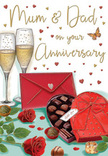 This detailed anniversary card design evokes the gentle romance of an evening celebration in Surrey, perhaps after a leisurely walk through local parkland and a relaxed meal at home. The central focus is a pair of luxuriant red roses, shown resting side by side on a softly lit surface. Their petals are dense and velvety, shaded from deep crimson at the base to slightly lighter tones at the edges, giving each bloom a sense of depth and softness that feels almost real to the touch. Dark, glossy green leaves fan out beneath the flowers, completing the impression of freshly cut stems arranged with a florist's practiced hand. Next to the roses, a heart-shaped box of chocolates sits open, its curved red casing rich and smooth. An opulent satin bow wraps the box, knotted into a full, sculpted bow whose loops and gently trailing ends shimmer as the light glances off them. Inside, an assortment of chocolates fills the spaces, each piece distinct and inviting. Behind this indulgent centrepiece stand two slender champagne flutes filled with pale golden champagne, their tall shapes catching reflections of surrounding light. Fine bubbles rise slowly through the liquid, ready for a toast between Mum & Dad. Around the composition, small hearts in gold and crimson drift across the background like a soft shower of confetti, gathering around the hand-written dedication that anchors the card's message. A bright scarlet envelope rests nearby, crisp and neatly sealed, suggesting loving words tucked safely inside. The overall mood is warm and tranquil, mirroring the quiet joy of an anniversary evening spent together somewhere between Surrey's villages and leafy suburbs.